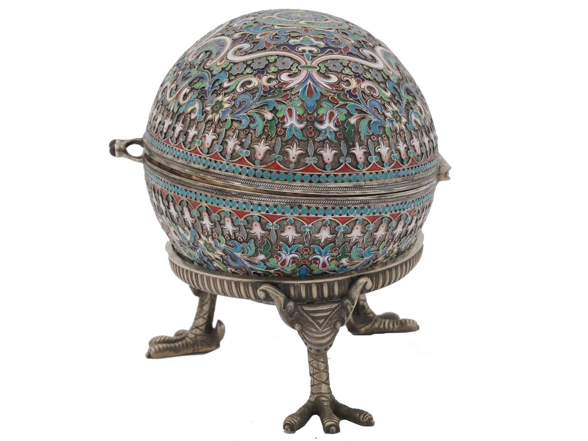 EXTRA LARGE RUSSIAN SILVER ENAMEL EGG WITH STAND PIC-2